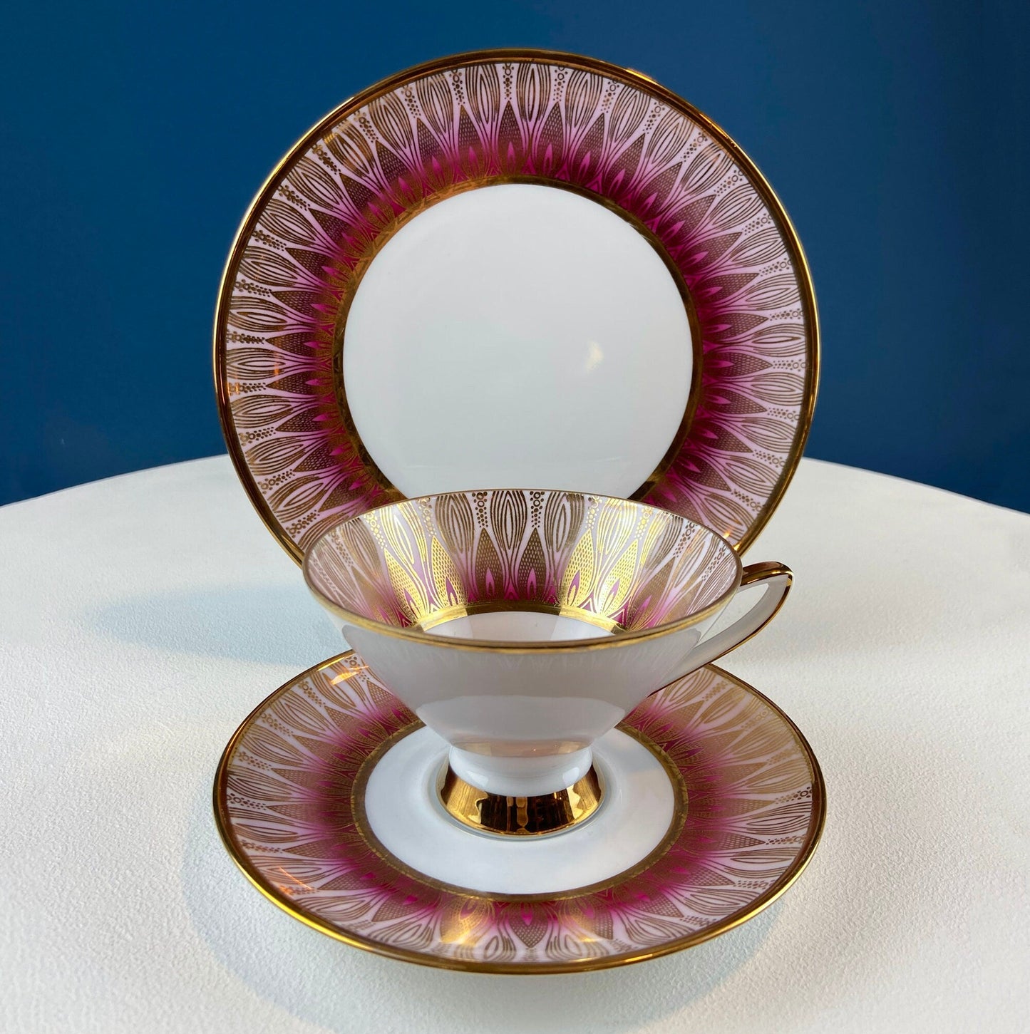 Antique Bavarian Porcelain Tea Trio. Winterling Roslaw. Cup, Saucer, and Dessert Plate in Gold and Pink. Modern Lotus Pattern. - Tampa Home & Garden Store