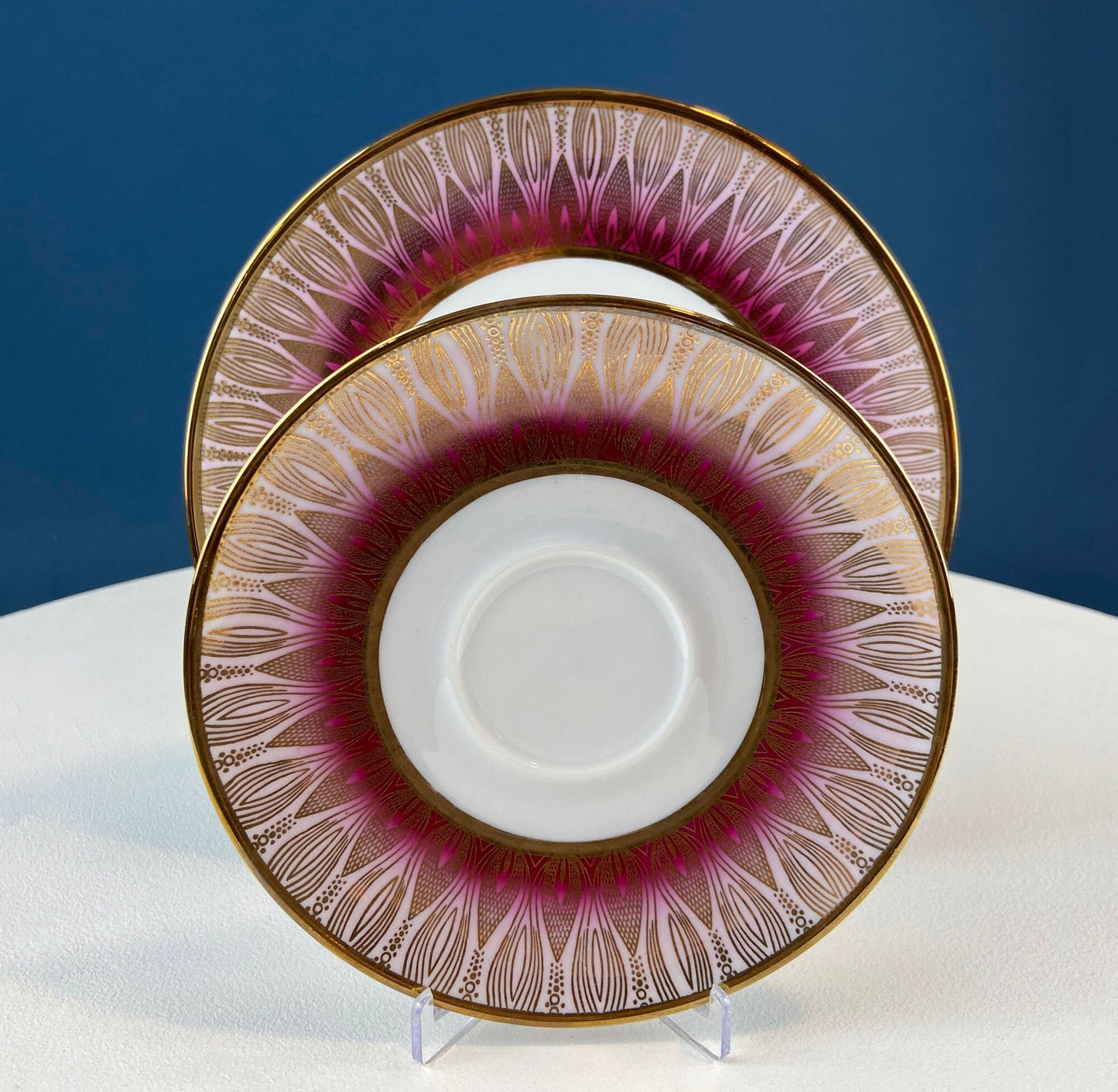 Antique Bavarian Porcelain Tea Trio. Winterling Roslaw. Cup, Saucer, and Dessert Plate in Gold and Pink. Modern Lotus Pattern. - Tampa Home & Garden Store