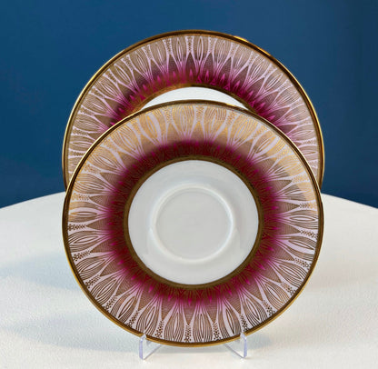 Antique Bavarian Porcelain Tea Trio. Winterling Roslaw. Cup, Saucer, and Dessert Plate in Gold and Pink. Modern Lotus Pattern. - Tampa Home & Garden Store
