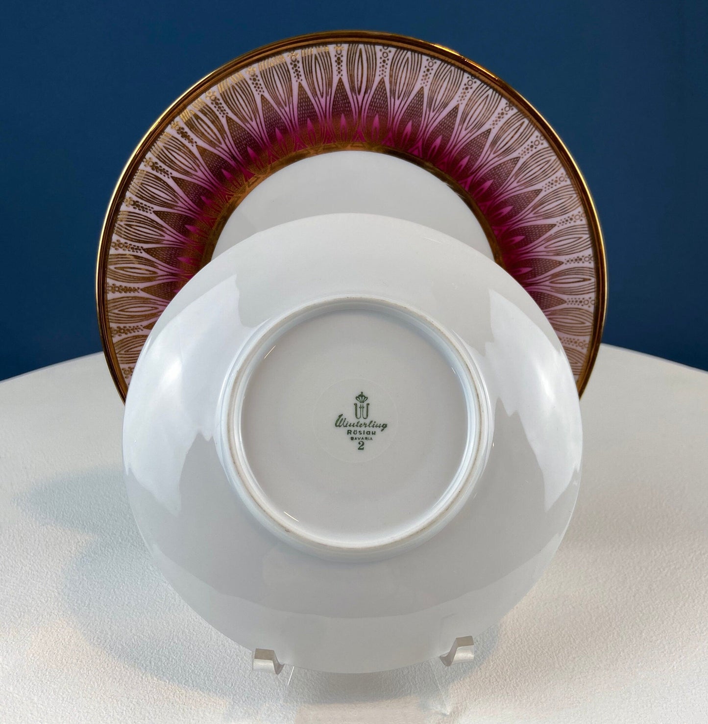 Antique Bavarian Porcelain Tea Trio. Winterling Roslaw. Cup, Saucer, and Dessert Plate in Gold and Pink. Modern Lotus Pattern. - Tampa Home & Garden Store