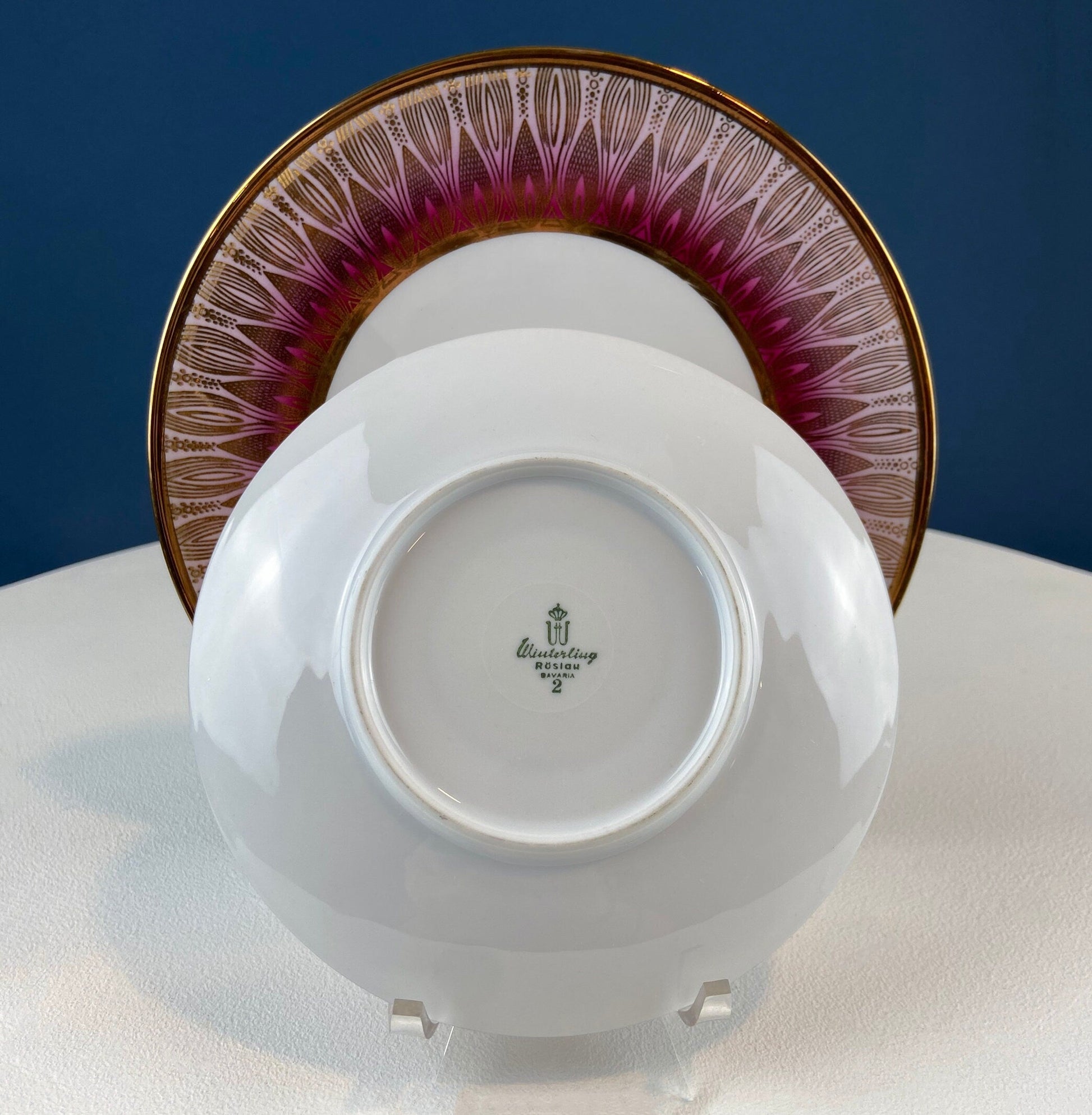 Antique Bavarian Porcelain Tea Trio. Winterling Roslaw. Cup, Saucer, and Dessert Plate in Gold and Pink. Modern Lotus Pattern. - Tampa Home & Garden Store