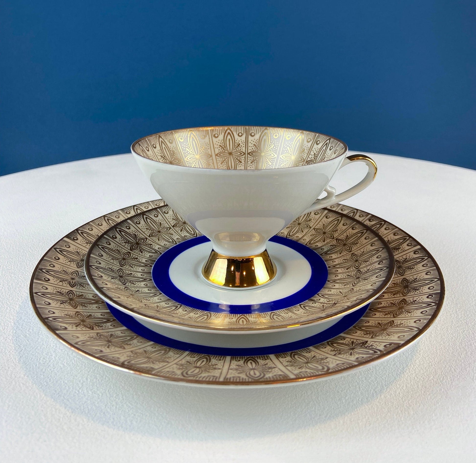 Antique Bavarian Porcelain Tea Trio. Z and Co, Tirschenreuther. Cup, Saucer, and Dessert Plate in Rich Gold and Blue. Modern Floral Pattern. - Tampa Home & Garden Store
