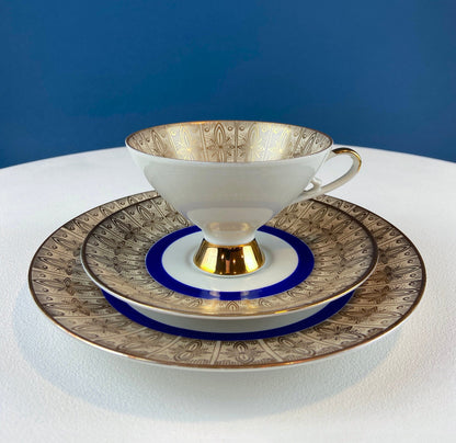 Antique Bavarian Porcelain Tea Trio. Z and Co, Tirschenreuther. Cup, Saucer, and Dessert Plate in Rich Gold and Blue. Modern Floral Pattern. - Tampa Home & Garden Store