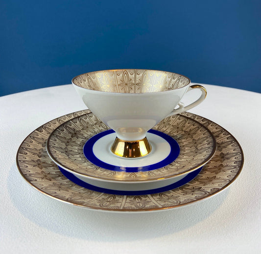 Antique Bavarian Porcelain Tea Trio. Z and Co, Tirschenreuther. Cup, Saucer, and Dessert Plate in Rich Gold and Blue. Modern Floral Pattern. - Tampa Home & Garden Store