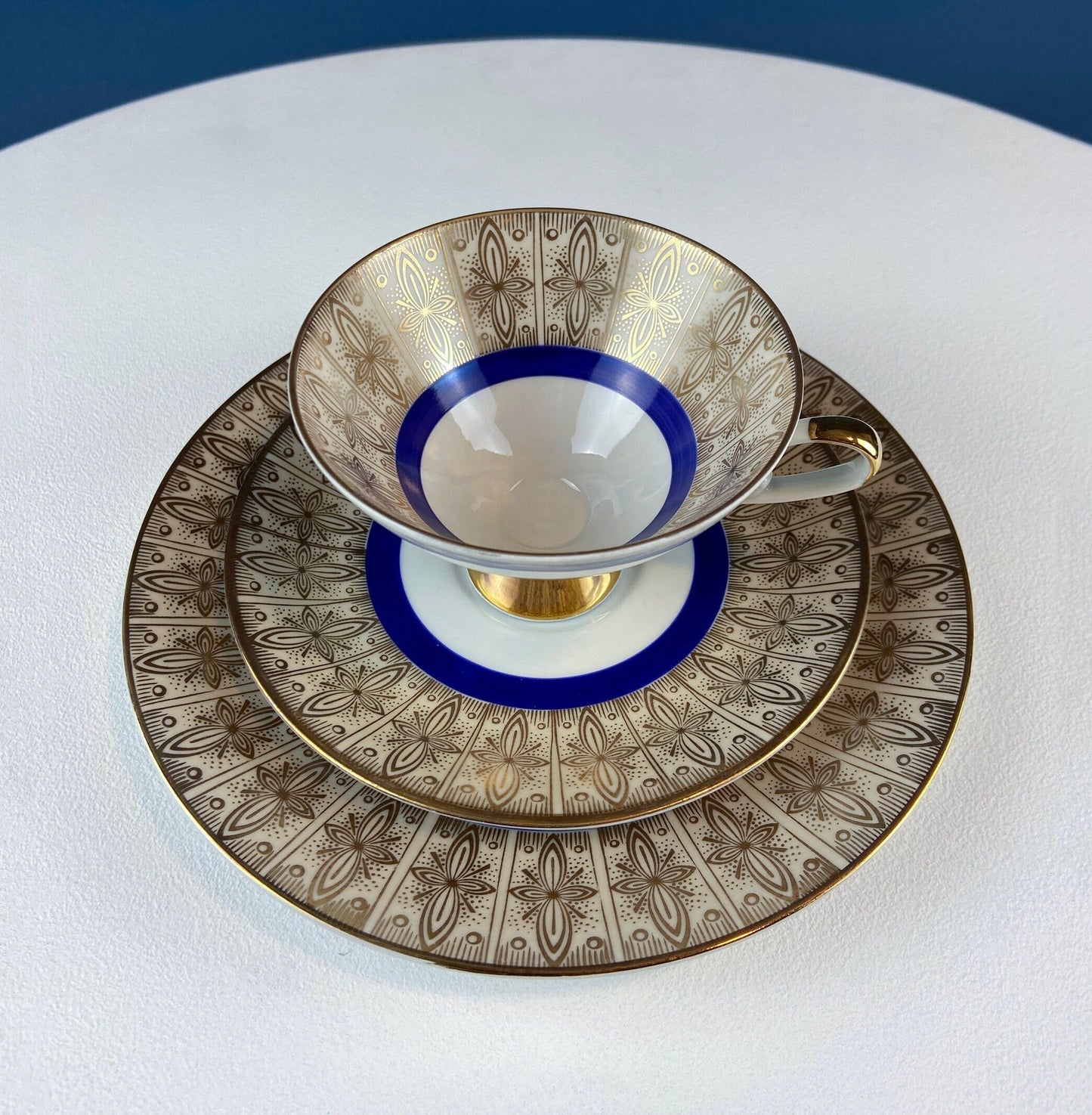 Antique Bavarian Porcelain Tea Trio. Z and Co, Tirschenreuther. Cup, Saucer, and Dessert Plate in Rich Gold and Blue. Modern Floral Pattern. - Tampa Home & Garden Store