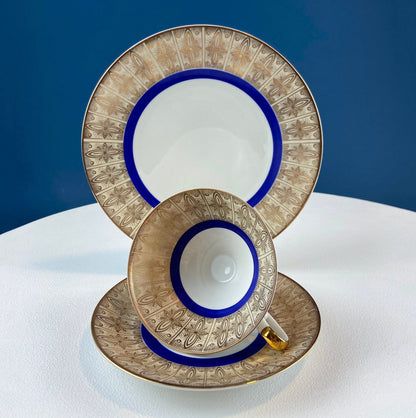 Antique Bavarian Porcelain Tea Trio. Z and Co, Tirschenreuther. Cup, Saucer, and Dessert Plate in Rich Gold and Blue. Modern Floral Pattern. - Tampa Home & Garden Store
