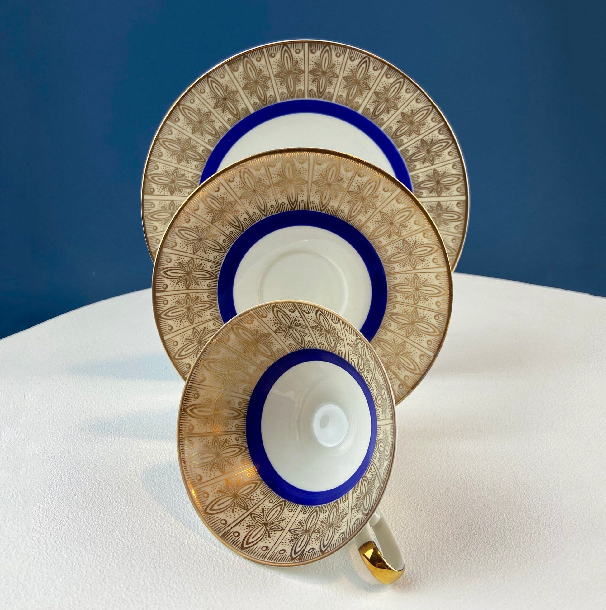 Antique Bavarian Porcelain Tea Trio. Z and Co, Tirschenreuther. Cup, Saucer, and Dessert Plate in Rich Gold and Blue. Modern Floral Pattern. - Tampa Home & Garden Store