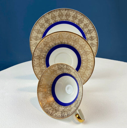 Antique Bavarian Porcelain Tea Trio. Z and Co, Tirschenreuther. Cup, Saucer, and Dessert Plate in Rich Gold and Blue. Modern Floral Pattern. - Tampa Home & Garden Store