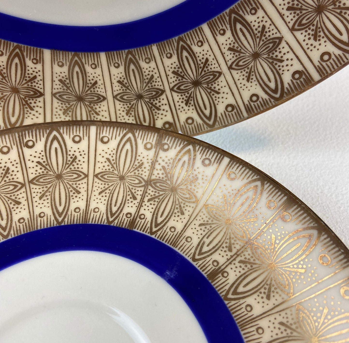 Antique Bavarian Porcelain Tea Trio. Z and Co, Tirschenreuther. Cup, Saucer, and Dessert Plate in Rich Gold and Blue. Modern Floral Pattern. - Tampa Home & Garden Store