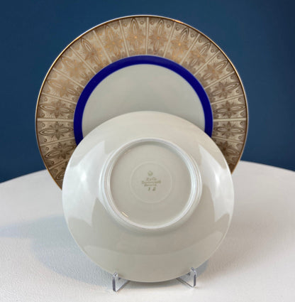 Antique Bavarian Porcelain Tea Trio. Z and Co, Tirschenreuther. Cup, Saucer, and Dessert Plate in Rich Gold and Blue. Modern Floral Pattern. - Tampa Home & Garden Store