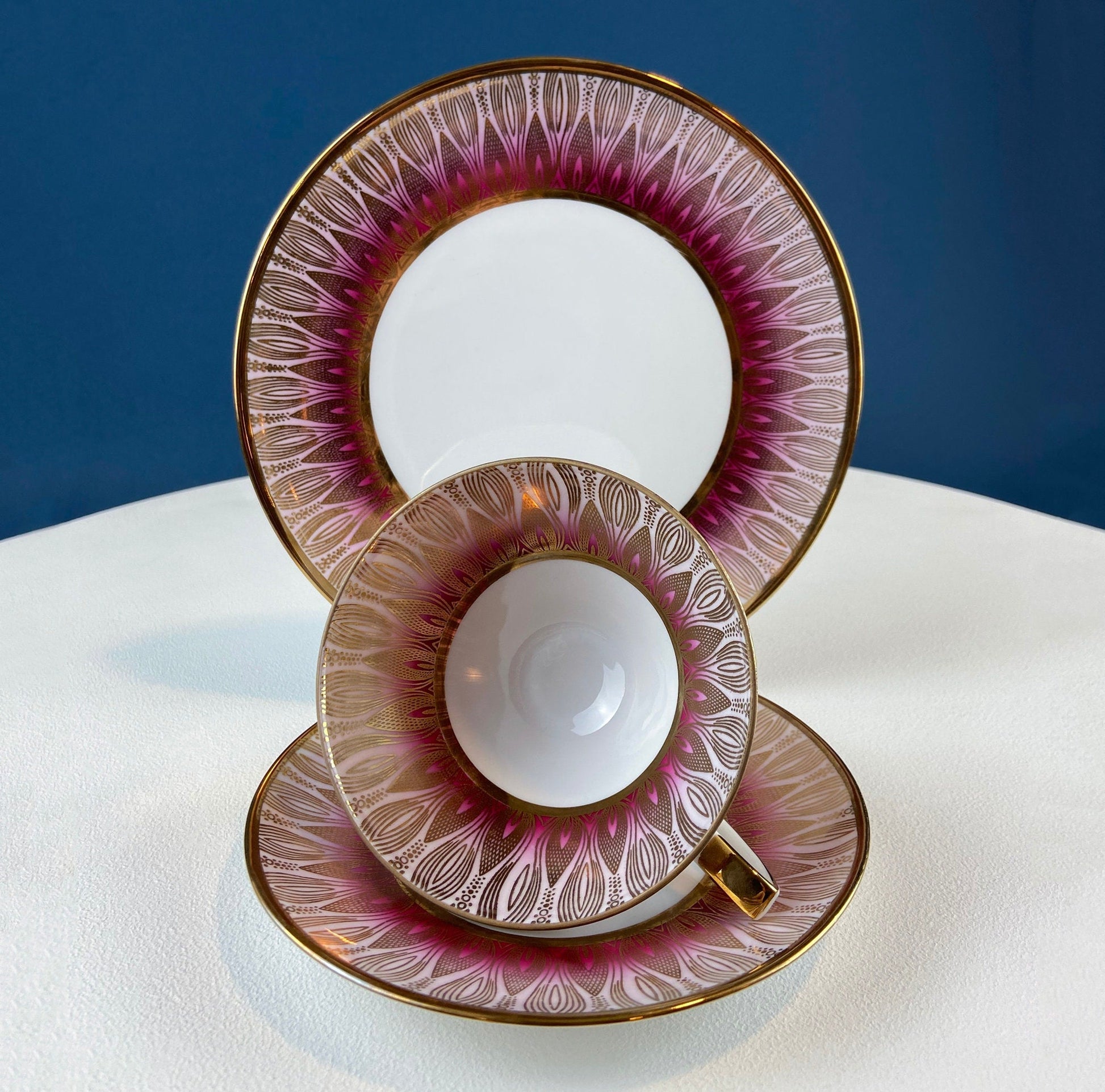 Antique Bavarian Porcelain Tea Trio. Z and Co, Tirschenreuther. Cup, Saucer, and Dessert Plate in Rich Gold and Blue. Modern Floral Pattern. - Tampa Home & Garden Store