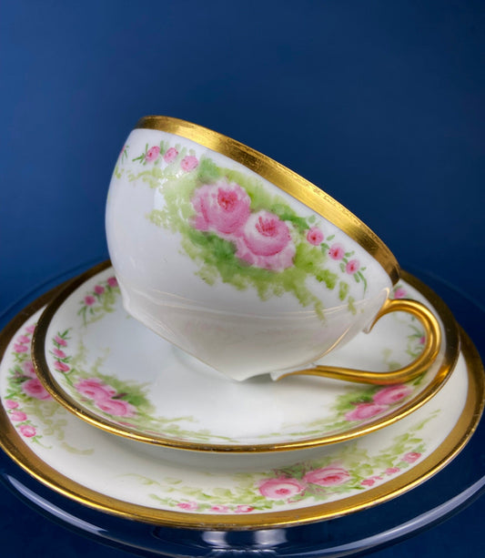 Antique Bavarian Porcelain Teacup, Saucer, and Small Dessert Plate with Delicate Roses. Hand-Painted Trio. Garlands of Roses. J & C Ovid. - Tampa Home & Garden Store