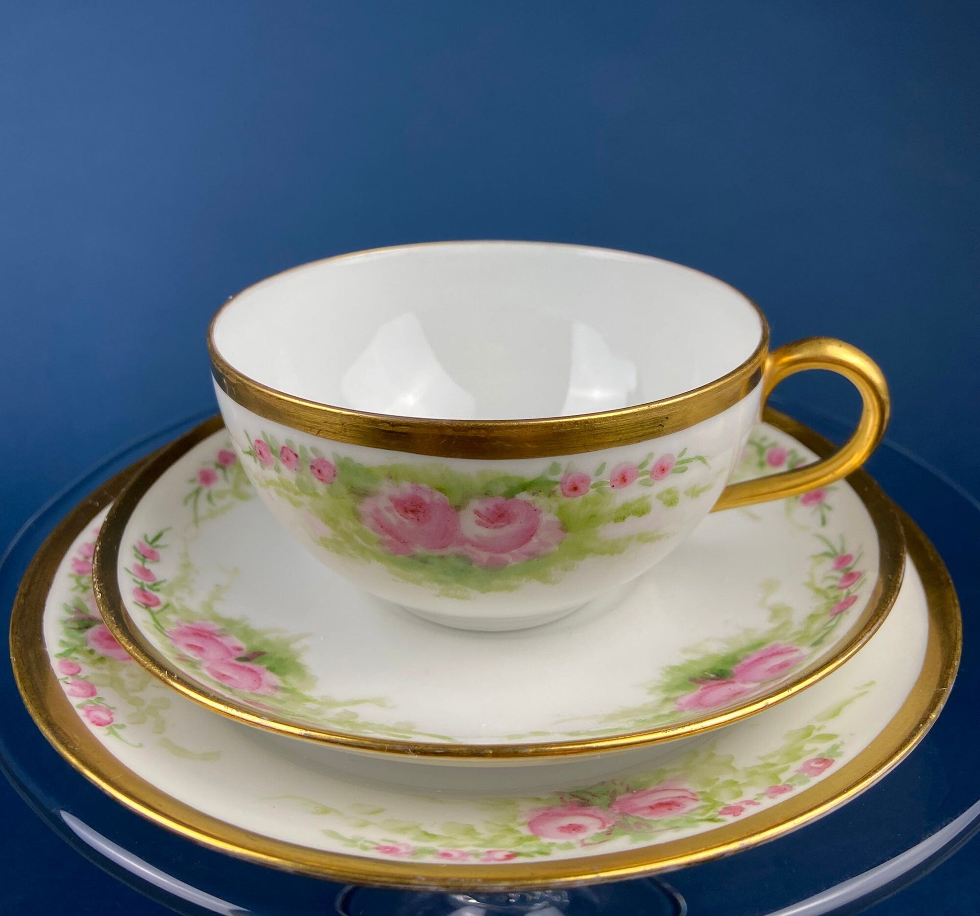 Antique Bavarian Porcelain Teacup, Saucer, and Small Dessert Plate with Delicate Roses. Hand-Painted Trio. Garlands of Roses. J & C Ovid. - Tampa Home & Garden Store
