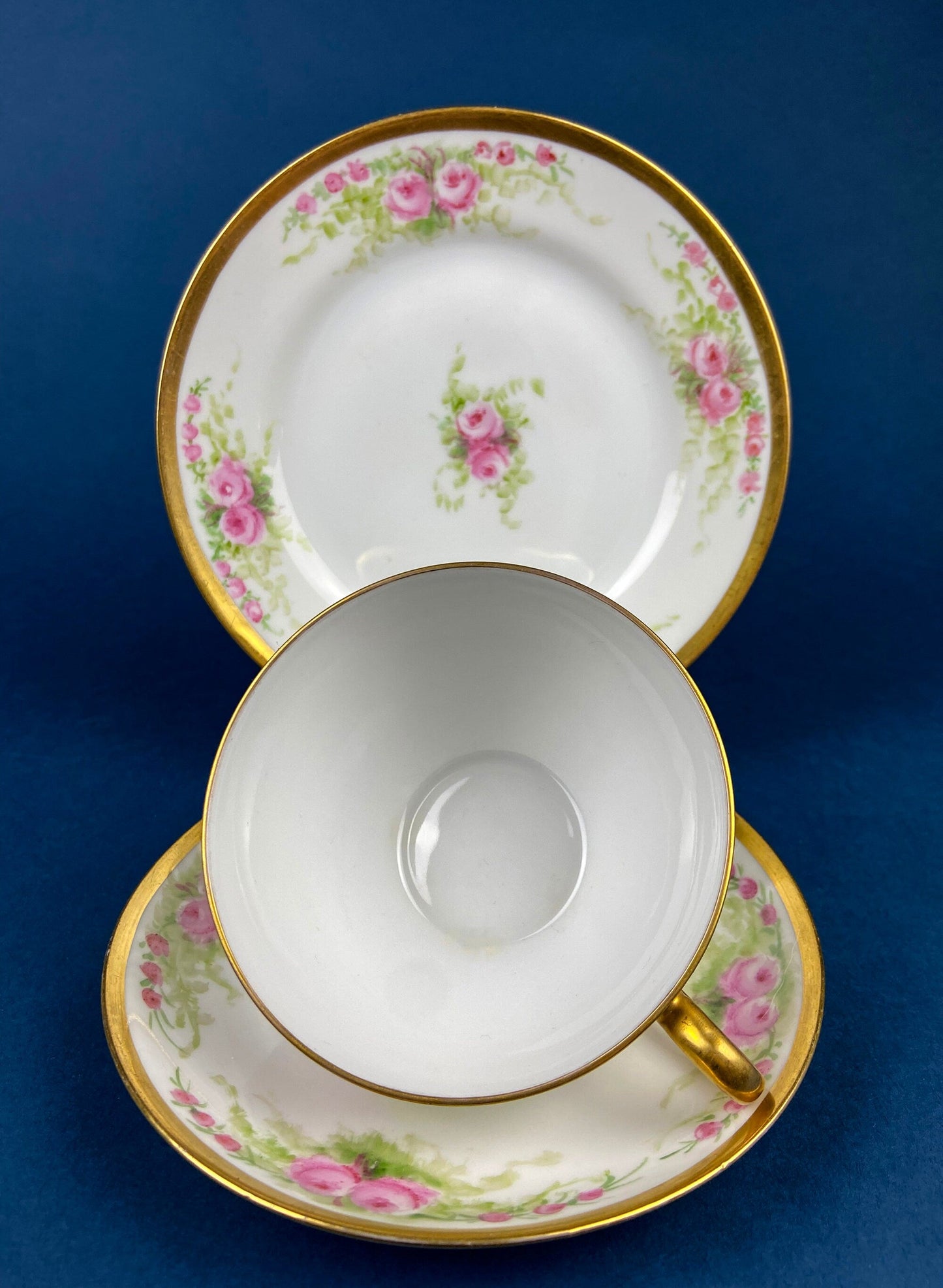 Antique Bavarian Porcelain Teacup, Saucer, and Small Dessert Plate with Delicate Roses. Hand-Painted Trio. Garlands of Roses. J & C Ovid. - Tampa Home & Garden Store