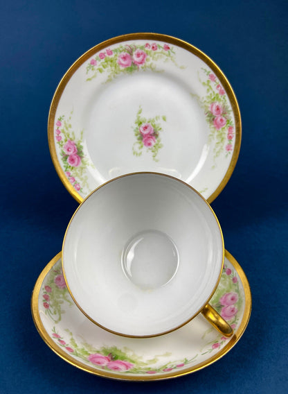 Antique Bavarian Porcelain Teacup, Saucer, and Small Dessert Plate with Delicate Roses. Hand-Painted Trio. Garlands of Roses. J & C Ovid. - Tampa Home & Garden Store