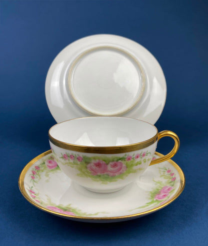 Antique Bavarian Porcelain Teacup, Saucer, and Small Dessert Plate with Delicate Roses. Hand-Painted Trio. Garlands of Roses. J & C Ovid. - Tampa Home & Garden Store