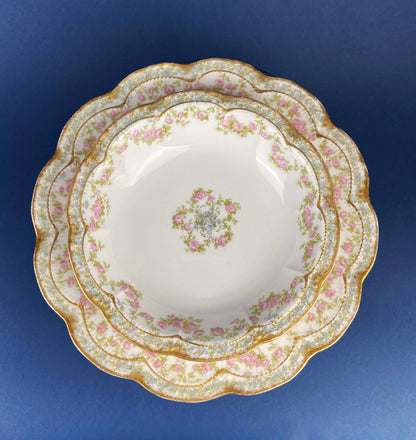 Antique Bavarian Porcelain Teacup, Saucer, and Small Dessert Plate with Delicate Roses. Hand-Painted Trio. Garlands of Roses. J & C Ovid. - Tampa Home & Garden Store