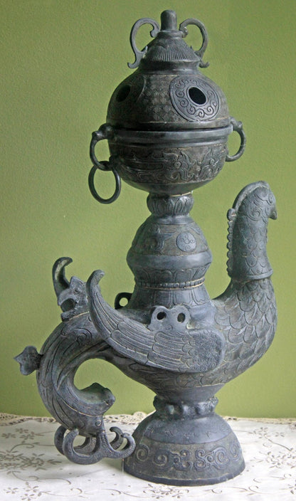 Antique Bronze Incense Burner. Asian Ritual Vessel. 18th-19th Century China Large Incense Burner in Shape of Bird. Museum Quality Artifact. - Tampa Home & Garden Store