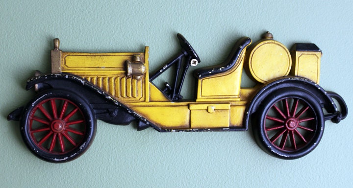 Antique Cast Metal Yellow Car.  Wall Hanging Rustic Home Decoration.  Ready to Hang. Made by Sexton, USA. - Tampa Home & Garden Store