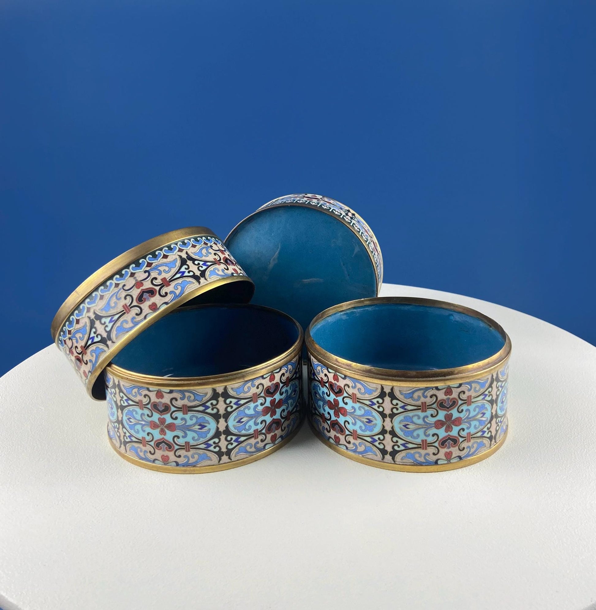 Antique Chinese Cloisonne Stackable Boxes. Set of 4 Bowls. Brass Trims. Food Carrier Trinket Storage. Ethnic Art. Asian Ethnic Home Decor. - Tampa Home & Garden Store