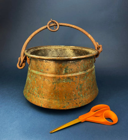 Antique Copper Cauldron. Large Hand Pounded Bucket with Wrought Iron Handle. Hand Hammered Fire Wood Scuttle. Rustic Home Decor. - Tampa Home & Garden Store