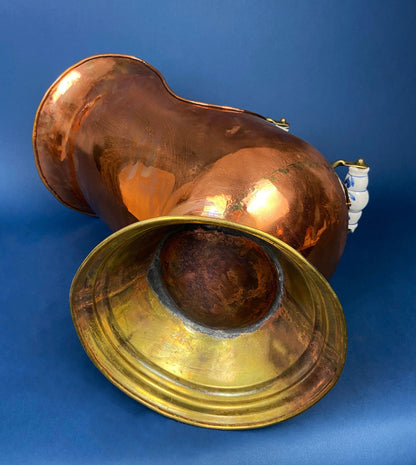 Antique Copper Cauldron with Brass Bottom & Ceramic Handles. Hand Hammered Scuttle for Firewood. Rustic Home Decor. - Tampa Home & Garden Store