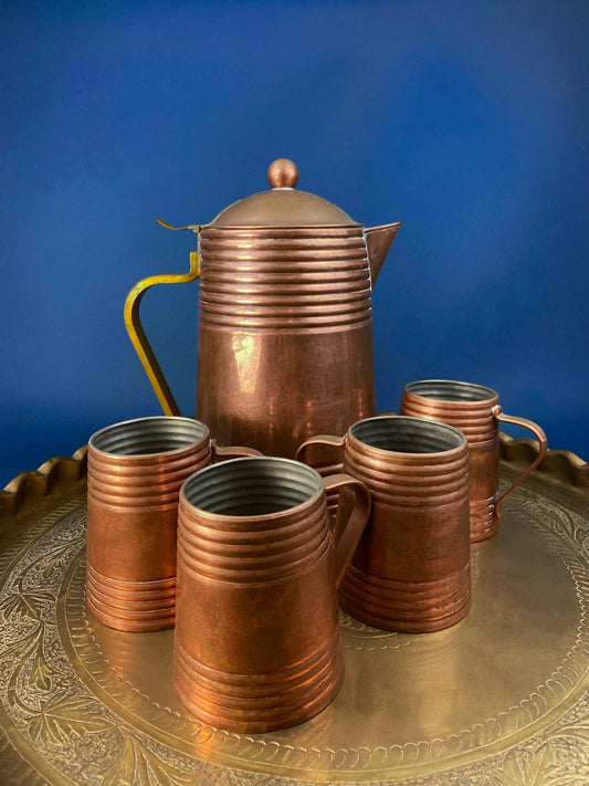 Antique Copper Pitcher and 4 Mugs. Revere Metal Ware, Rome, NY. Solid Copper with Brass Handle. Beer Mugs. Vintage Gifts for Him. - Tampa Home & Garden Store