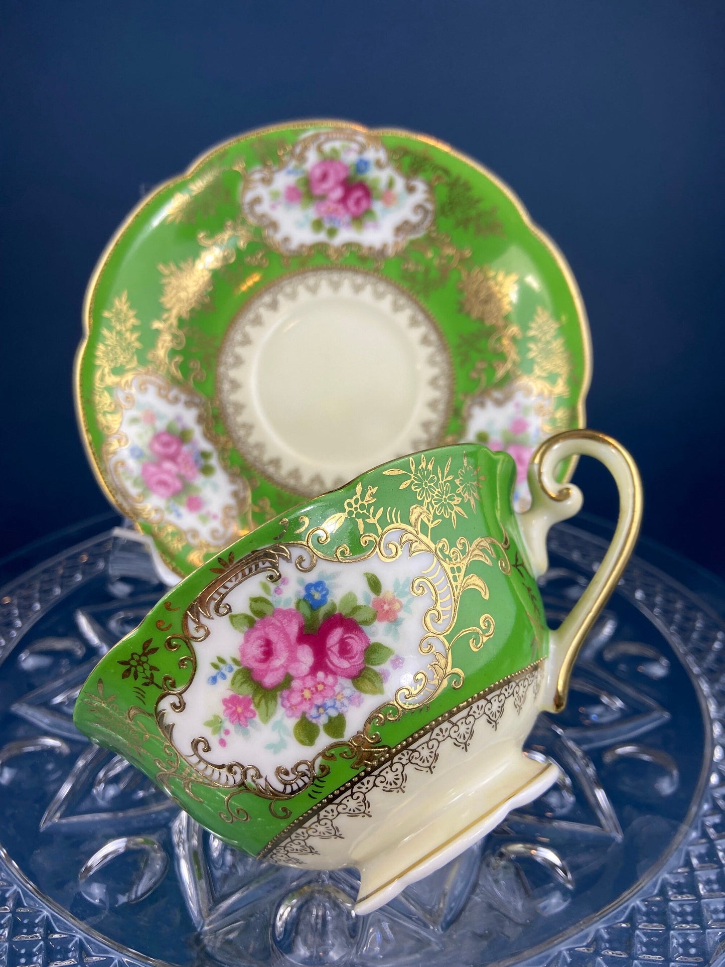Antique Cup and Saucer Made in Occupied Japan.  Emerald Green , Gold , and Pink. Beautiful Pattern. - Tampa Home & Garden Store