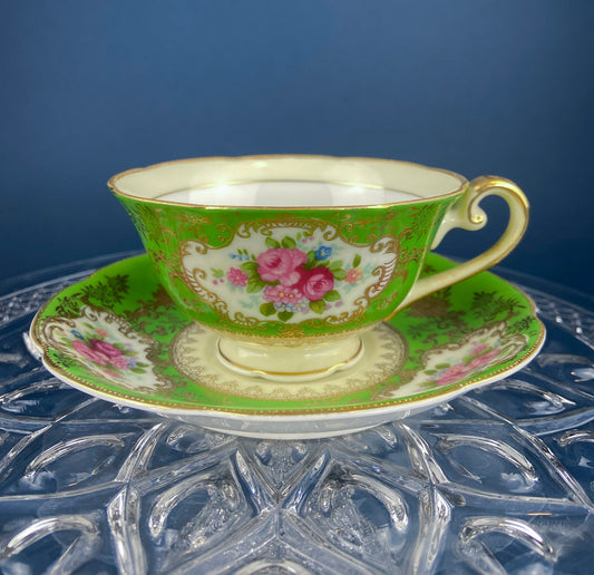 Antique Cup and Saucer Made in Occupied Japan. Emerald Green , Gold , and Pink. Beautiful Pattern. - Tampa Home & Garden Store