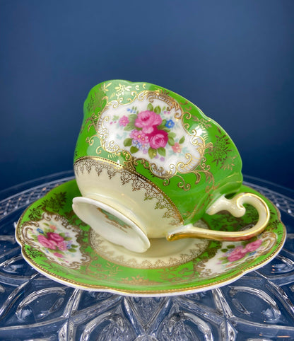 Antique Cup and Saucer Made in Occupied Japan.  Emerald Green , Gold , and Pink. Beautiful Pattern. - Tampa Home & Garden Store