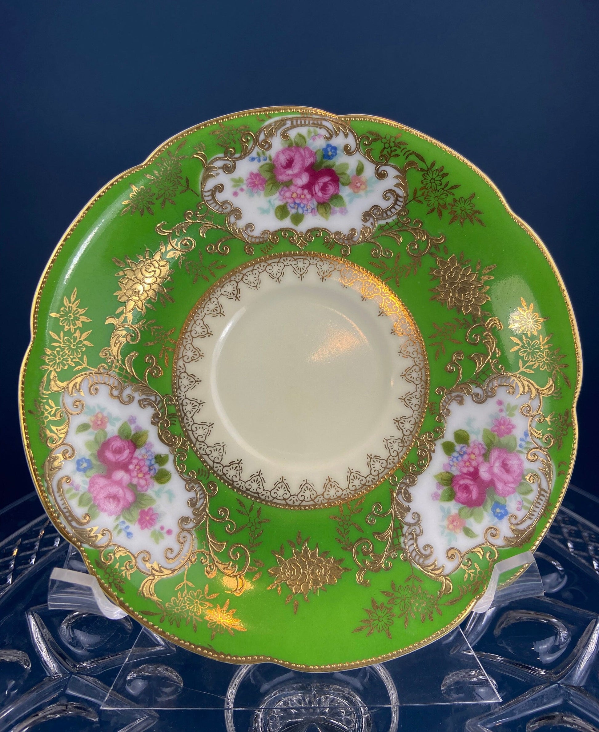 Antique Cup and Saucer Made in Occupied Japan.  Emerald Green , Gold , and Pink. Beautiful Pattern. - Tampa Home & Garden Store