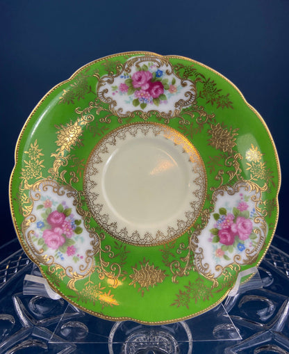 Antique Cup and Saucer Made in Occupied Japan.  Emerald Green , Gold , and Pink. Beautiful Pattern. - Tampa Home & Garden Store