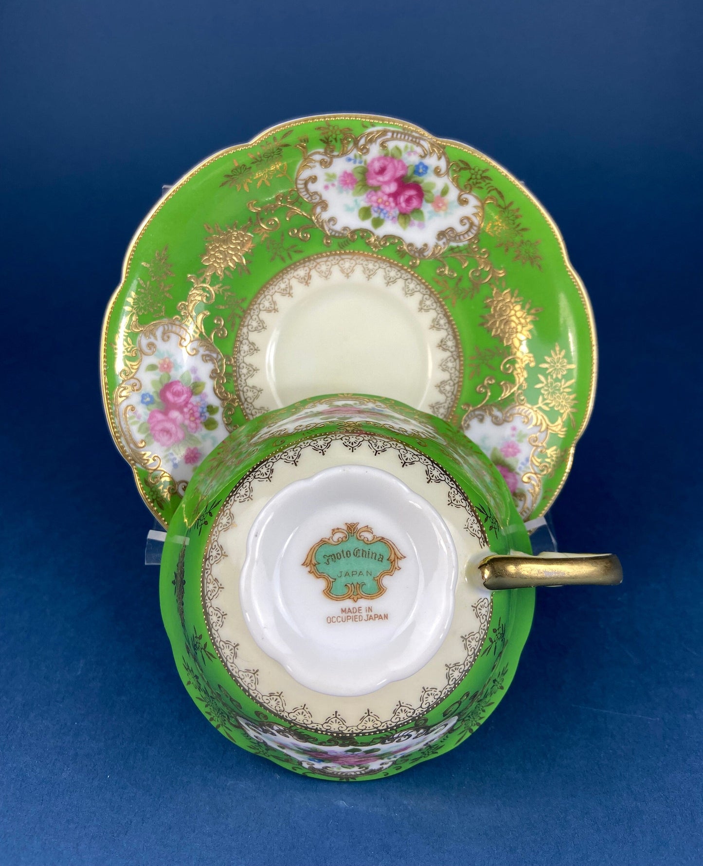 Antique Cup and Saucer Made in Occupied Japan.  Emerald Green , Gold , and Pink. Beautiful Pattern. - Tampa Home & Garden Store