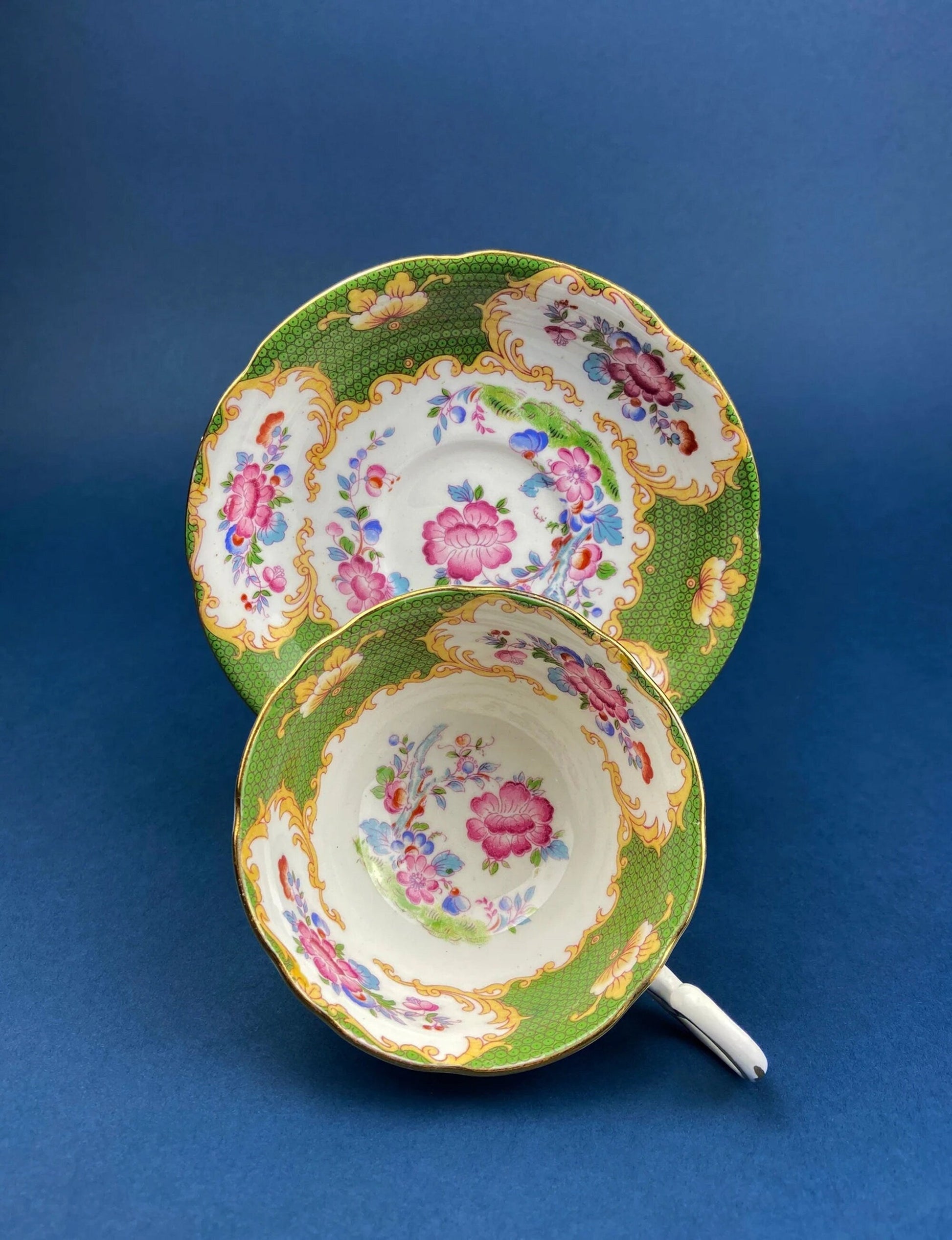 Antique Cup and Saucer Made in Occupied Japan.  Emerald Green , Gold , and Pink. Beautiful Pattern. - Tampa Home & Garden Store