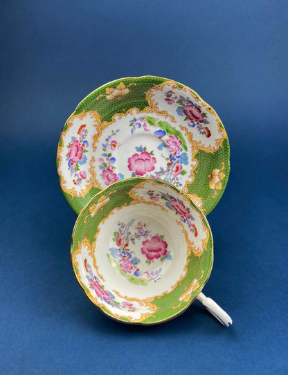 Antique Cup and Saucer Made in Occupied Japan.  Emerald Green , Gold , and Pink. Beautiful Pattern. - Tampa Home & Garden Store