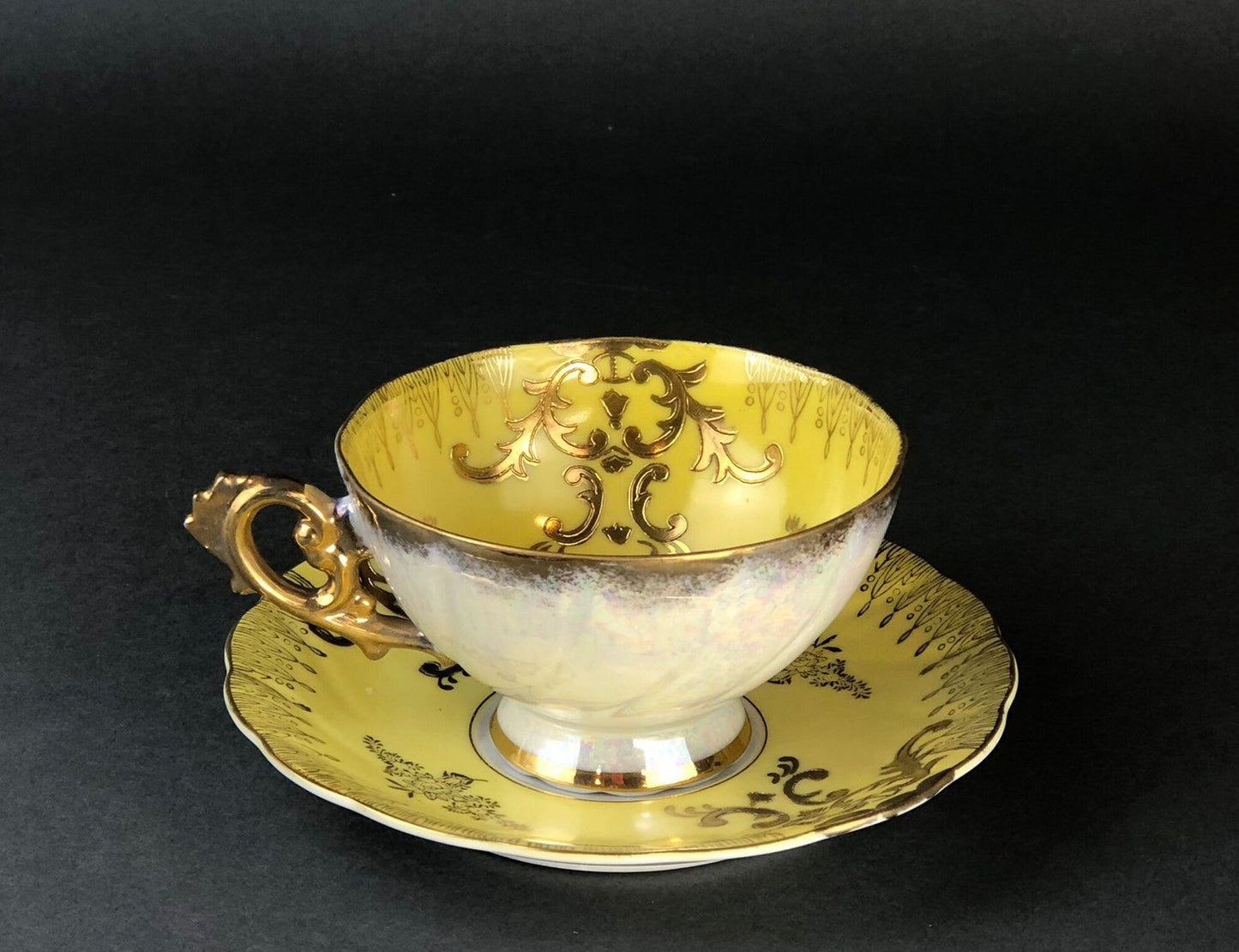 Antique Cup and Saucer Set by Royal Sealy China, Japan. Yellow Cup and Saucer with Rich Gold Decor and Iridescent Background Outside. - Tampa Home & Garden Store