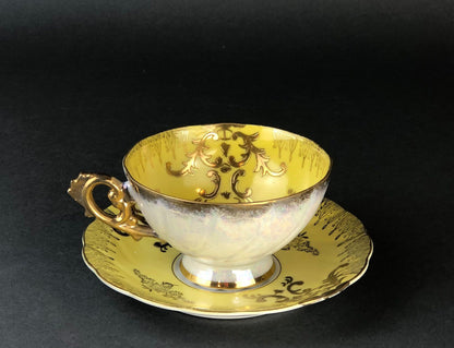 Antique Cup and Saucer Set by Royal Sealy China, Japan. Yellow Cup and Saucer with Rich Gold Decor and Iridescent Background Outside. - Tampa Home & Garden Store