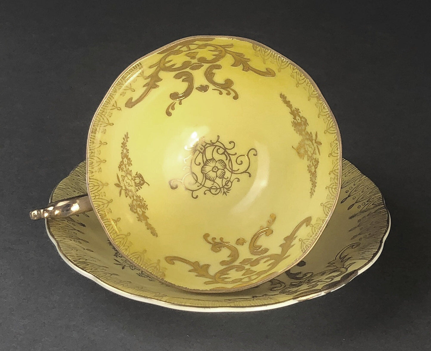 Antique Cup and Saucer Set by Royal Sealy China, Japan. Yellow Cup and Saucer with Rich Gold Decor and Iridescent Background Outside. - Tampa Home & Garden Store