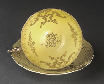 Antique Cup and Saucer Set by Royal Sealy China, Japan. Yellow Cup and Saucer with Rich Gold Decor and Iridescent Background Outside. - Tampa Home & Garden Store