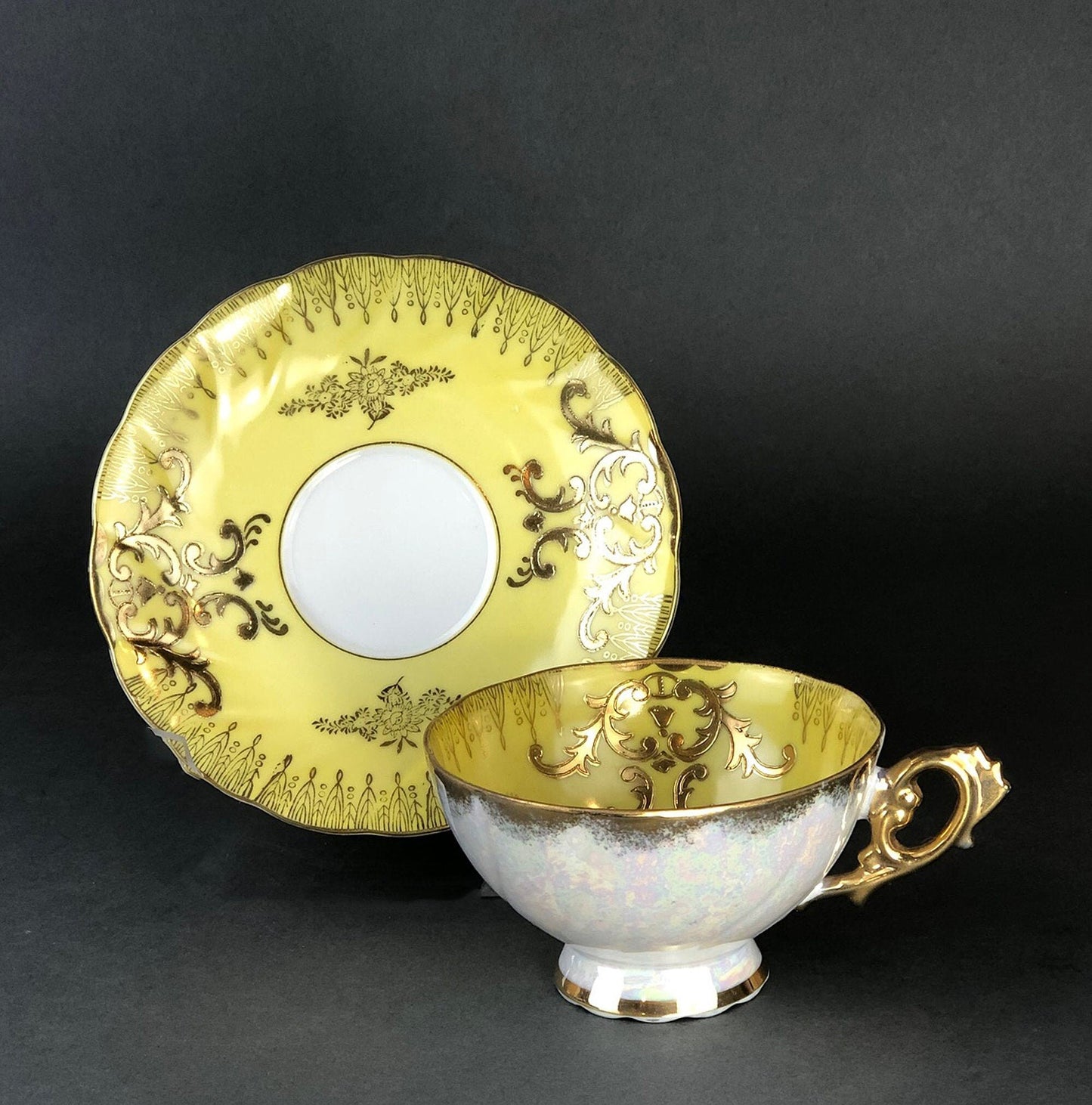 Antique Cup and Saucer Set by Royal Sealy China, Japan. Yellow Cup and Saucer with Rich Gold Decor and Iridescent Background Outside. - Tampa Home & Garden Store