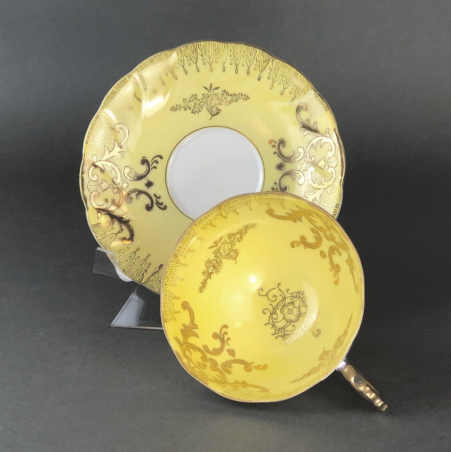 Antique Cup and Saucer Set by Royal Sealy China, Japan. Yellow Cup and Saucer with Rich Gold Decor and Iridescent Background Outside. - Tampa Home & Garden Store