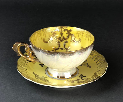 Antique Cup and Saucer Set by Royal Sealy China, Japan. Yellow Cup and Saucer with Rich Gold Decor and Iridescent Background Outside. - Tampa Home & Garden Store