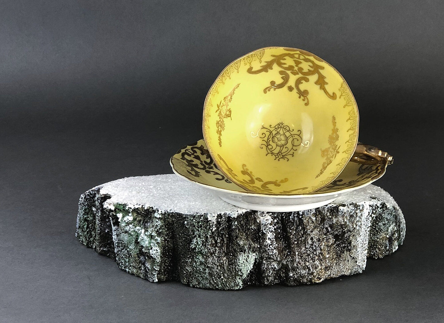 Antique Cup and Saucer Set by Royal Sealy China, Japan. Yellow Cup and Saucer with Rich Gold Decor and Iridescent Background Outside. - Tampa Home & Garden Store