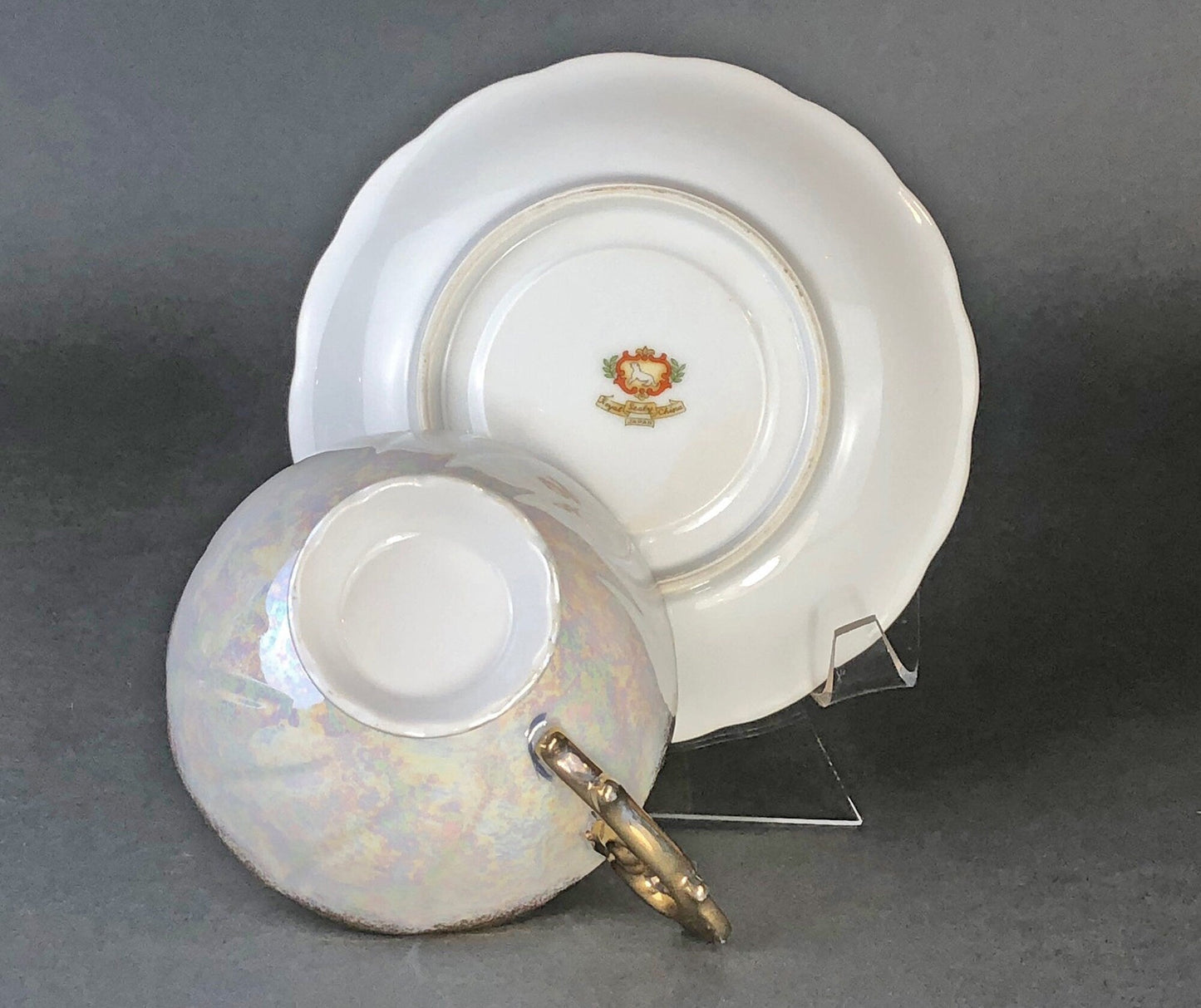 Antique Cup and Saucer Set by Royal Sealy China, Japan. Yellow Cup and Saucer with Rich Gold Decor and Iridescent Background Outside. - Tampa Home & Garden Store