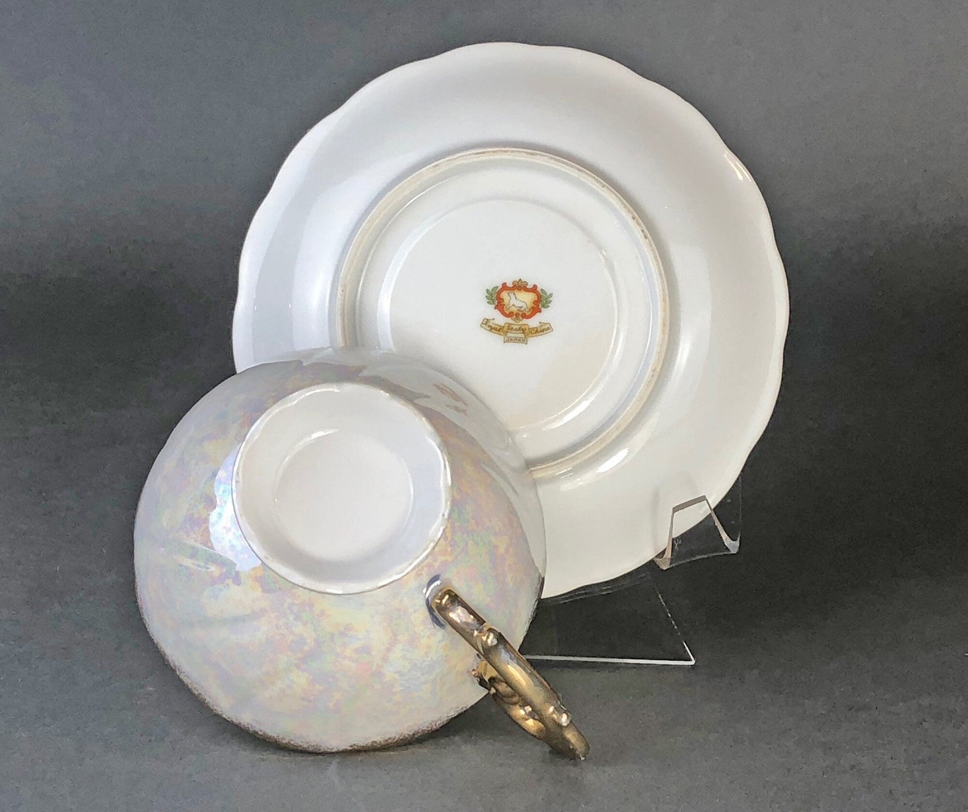 Antique Cup and Saucer Set by Royal Sealy China, Japan. Yellow Cup and Saucer with Rich Gold Decor and Iridescent Background Outside. - Tampa Home & Garden Store