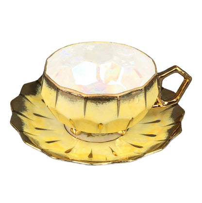 Antique Cup and Saucer Set by Royal Sealy China, Japan. Yellow Cup and Saucer with Rich Gold Decor and Iridescent Background Outside. - Tampa Home & Garden Store