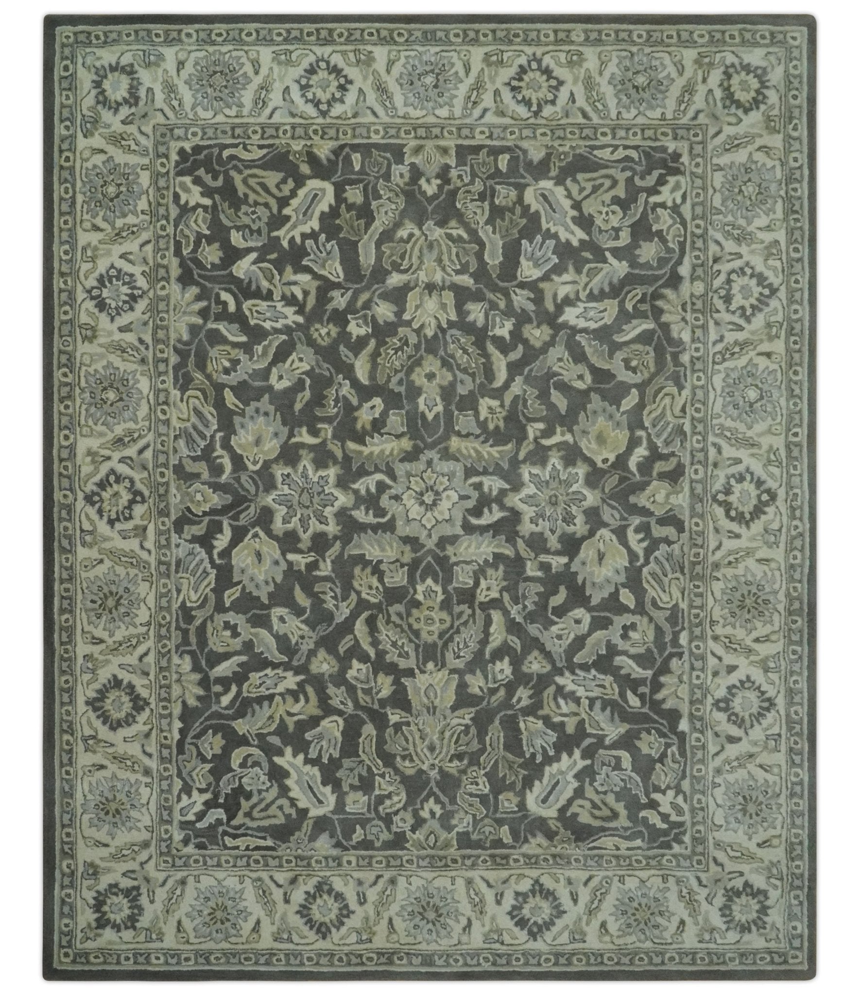 Antique Design 8x10 Charcoal and Beige Traditional Floral Hand Tufted rug - Tampa Home & Garden Store