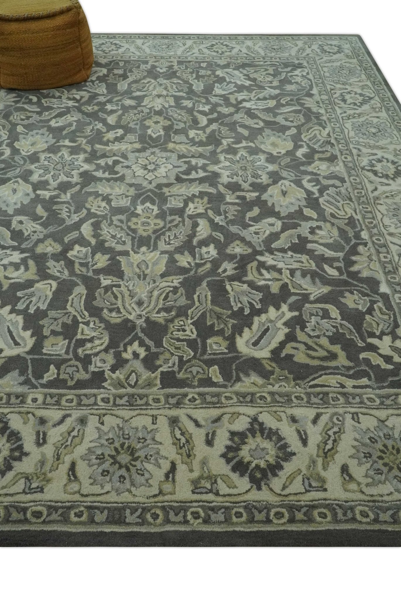 Antique Design 8x10 Charcoal and Beige Traditional Floral Hand Tufted rug - Tampa Home & Garden Store