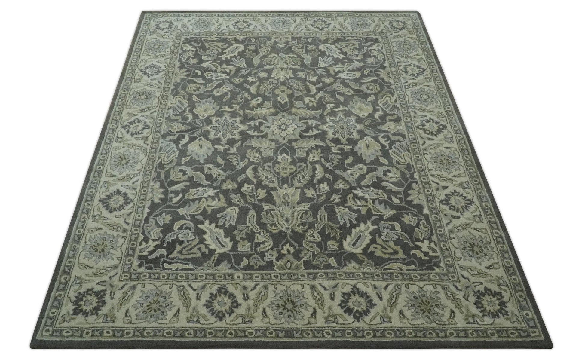 Antique Design 8x10 Charcoal and Beige Traditional Floral Hand Tufted rug - Tampa Home & Garden Store