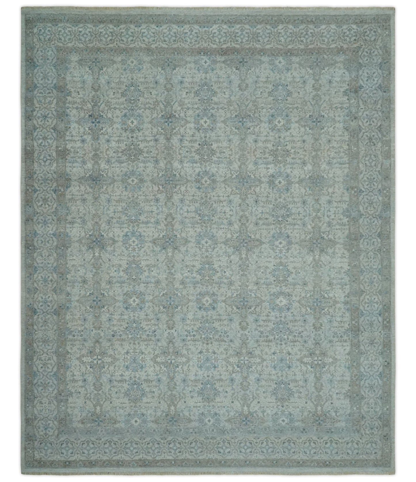 Antique Distress finish Silver, Teal and Brown Hand Knotted Traditional 8x10 wool Rug - Tampa Home & Garden Store